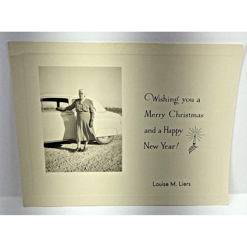 Vintage 1950s Christmas Photo Card Louise M. Liers w/ Car Late 40s–50s Sedan